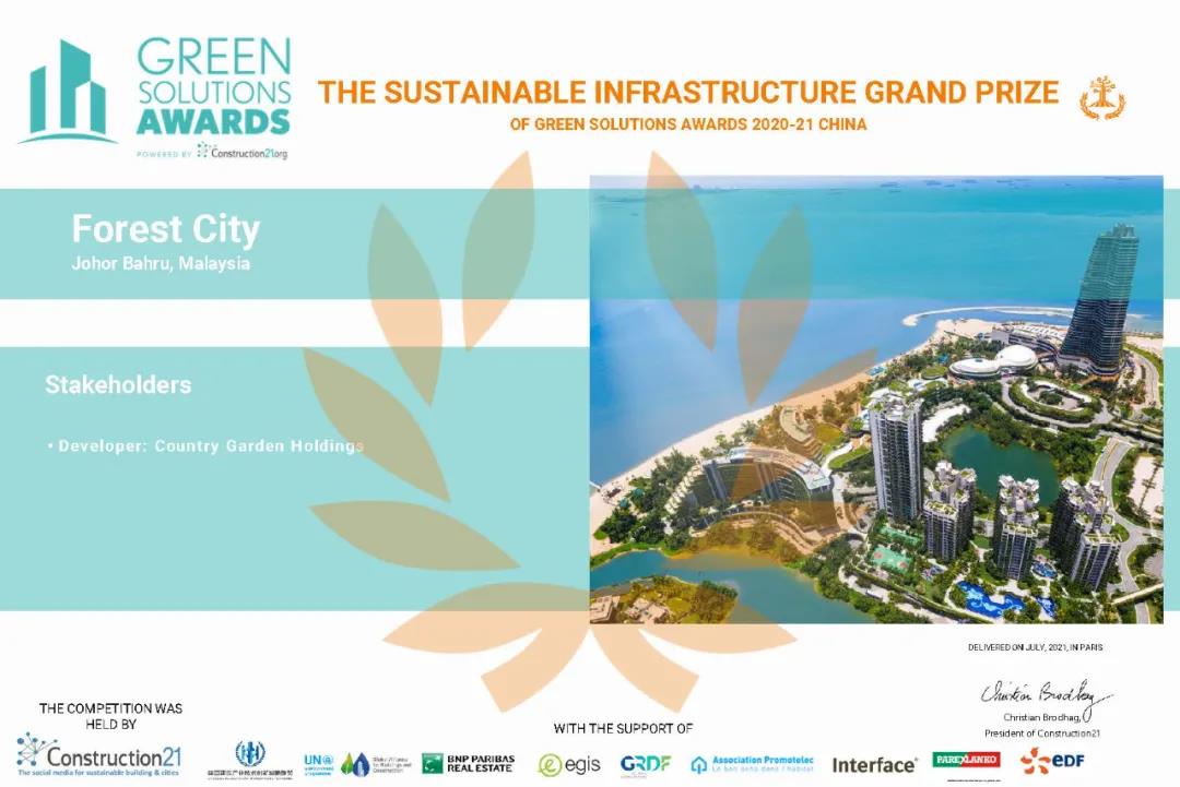 森林城市获颁第八届Construction21国际“绿色解决方案”国际奖入围奖证书